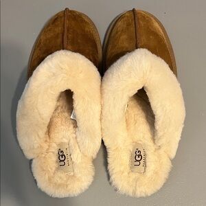 UGG Brown Suede Slippers with Cream Fur Lining